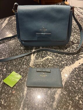 kate spade Teal Pebbled Leather Crossbody with Matching Card Case